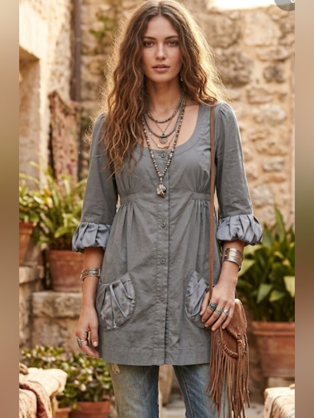 Lucca Womens Large Gray Tunic Mixed Media Jacket Boho Satin Trim